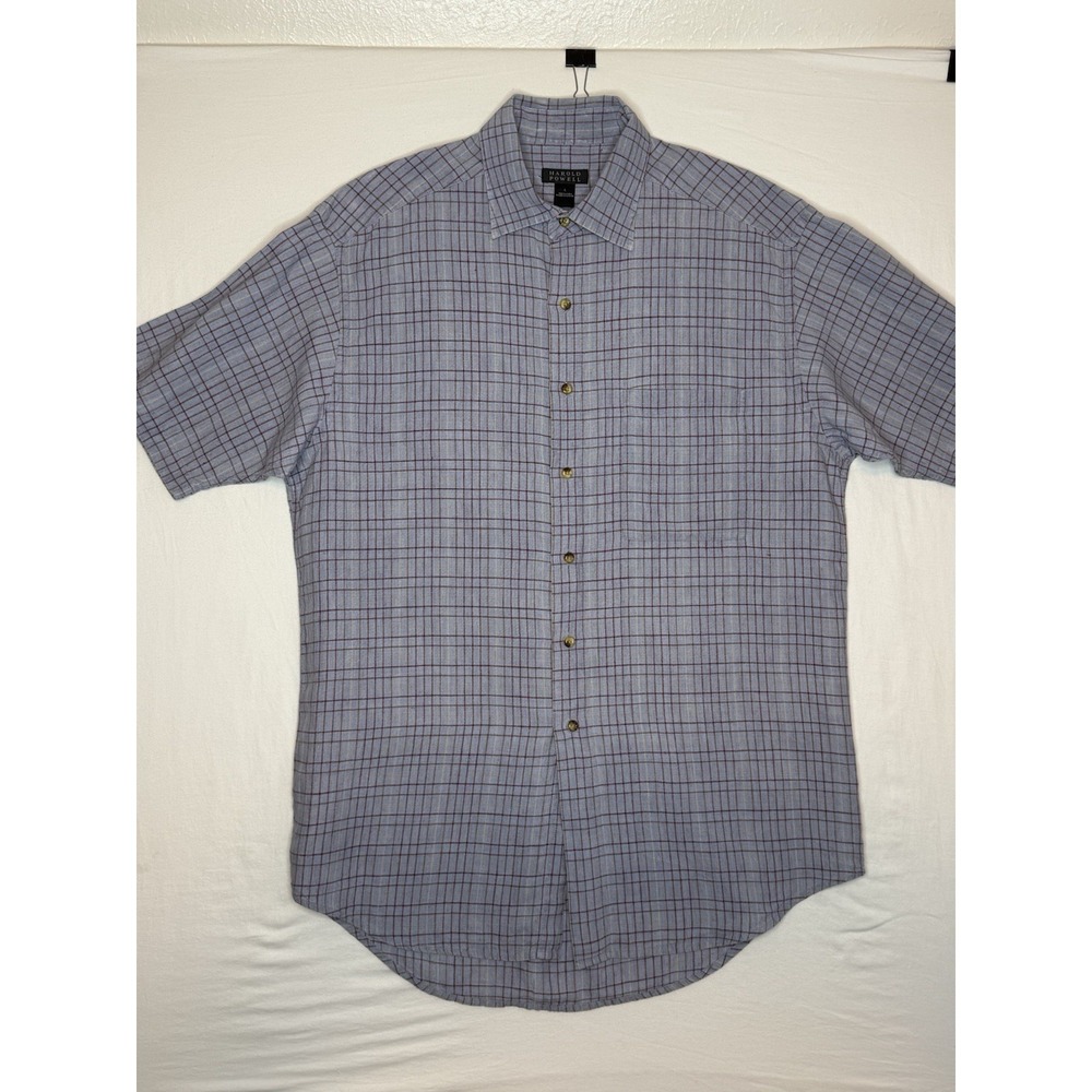 Harold Powell Men's L Blue Checker Short Sleeve Button-Up 100% Linen HW-4413